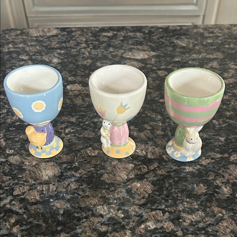 DEBBIE MUMM COLORFUL CERAMIC EGG HOLDERS LOT OF 3